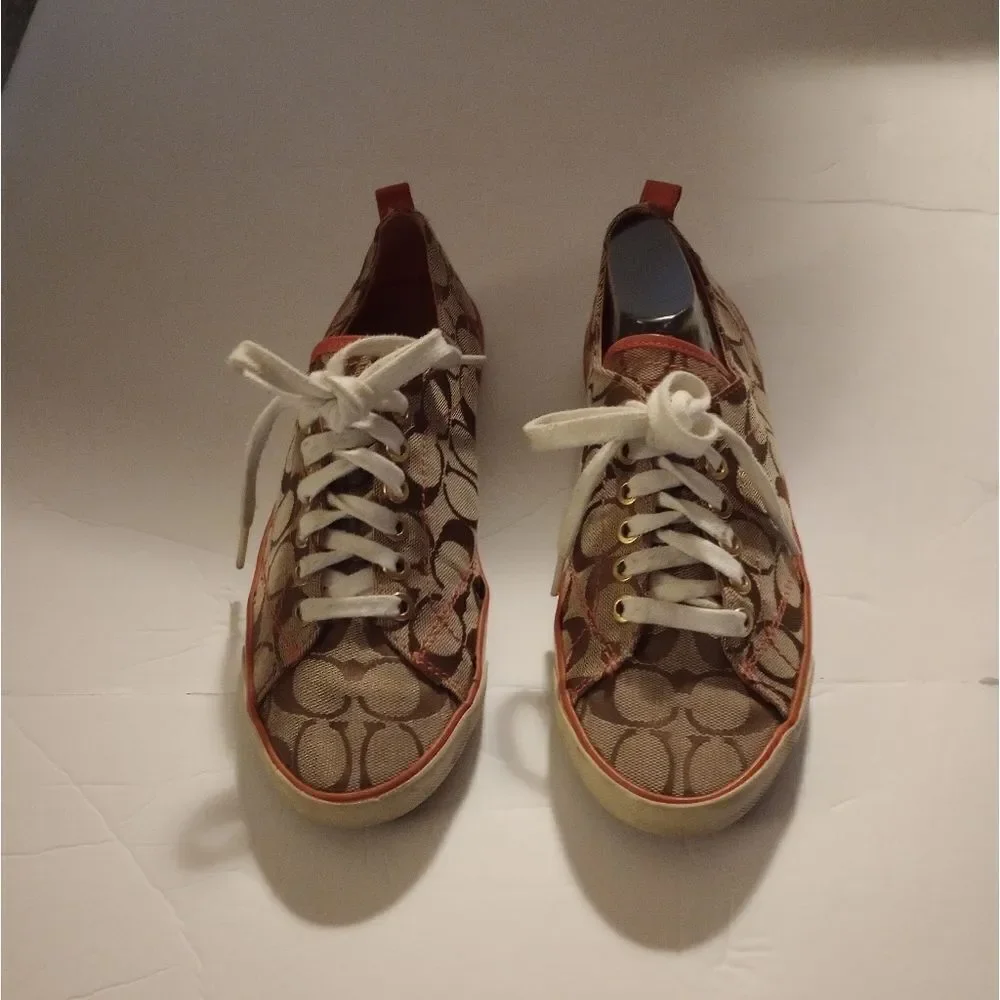 🆕👟Coach Suzzy Logo Jacquard Tan and Orange Sneakers